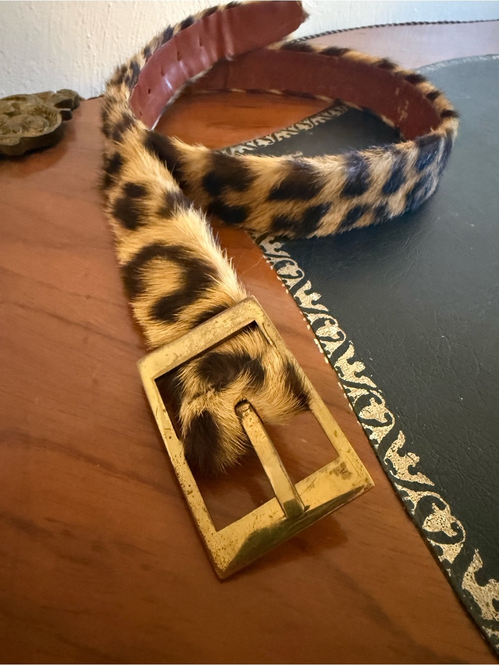 Vintage Leopard Print Fur Belt with Gold Buckle 28